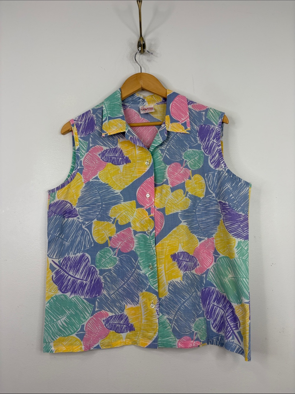 Vintage Top Womens XL Blue Pink Yellow Cotton Floral Sleeveless Collared Blouse